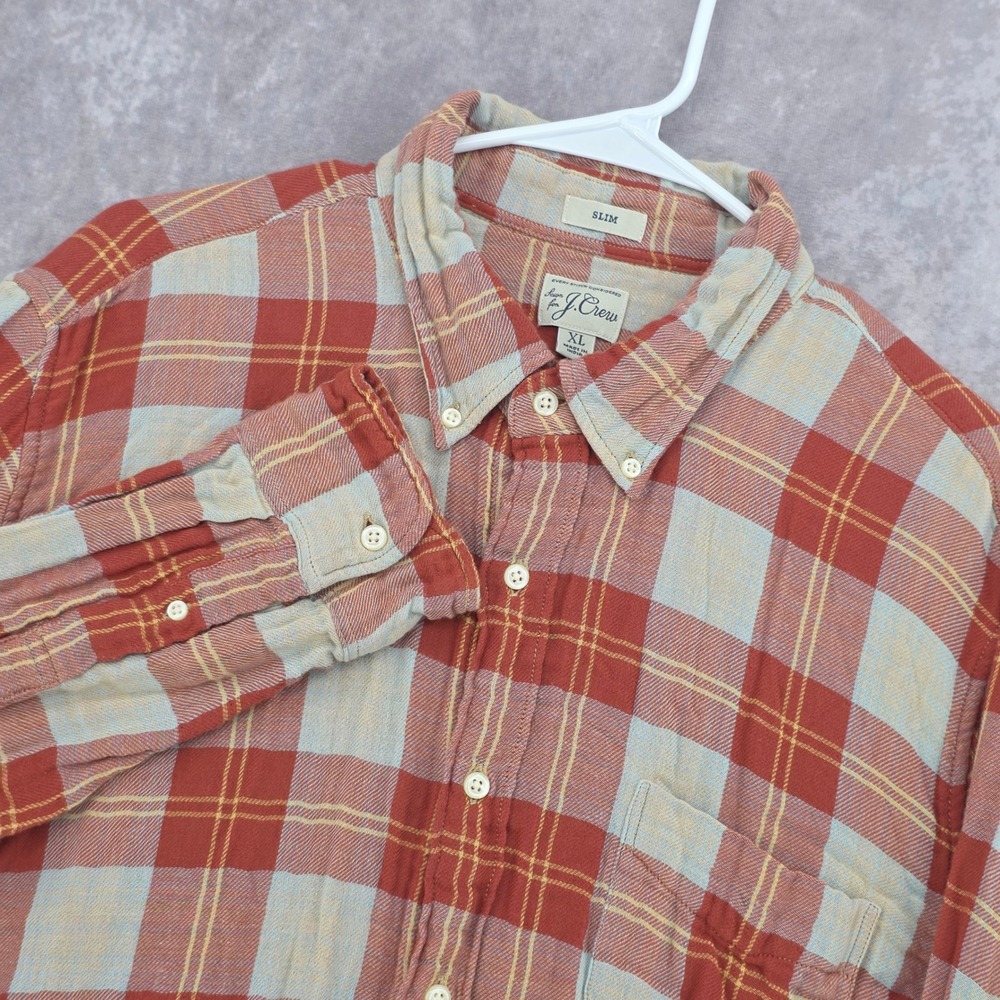 J.Crew Plaid Flannel Shirt Mens XL Button Down Shirt Red Blue Long Sleeve Pocket